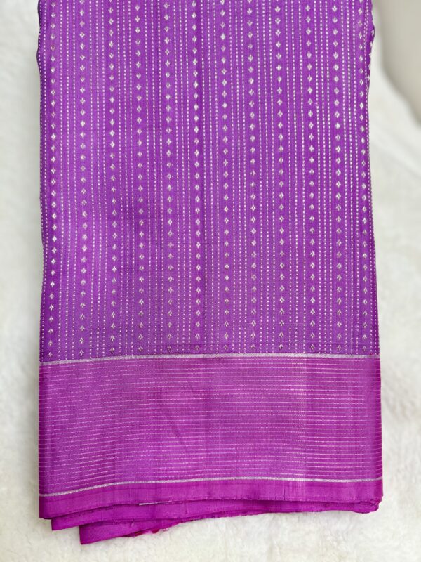 Lavender with silver stripes, pink border and silver blouse