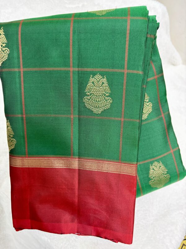 Bottle green checked with oil red border with rich pallu