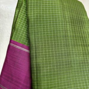 113. Green pure silk with small silver checks with pink border