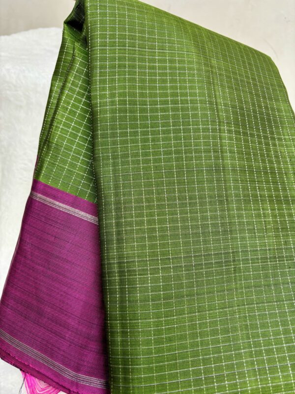 113. Green pure silk with small silver checks with pink border